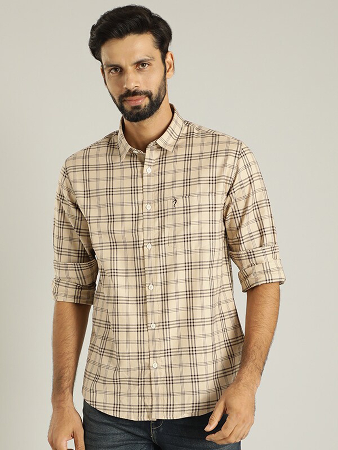 

Indian Terrain Classic Slim Fit Tartan Checked Pure Cotton Casual Shirt, Khaki