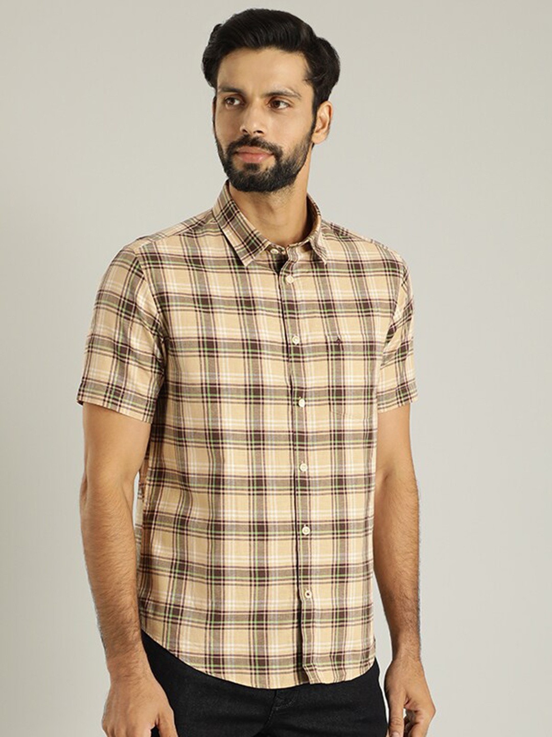 

Indian Terrain Tartan Checks Opaque Pure Cotton Casual Shirt, Beige