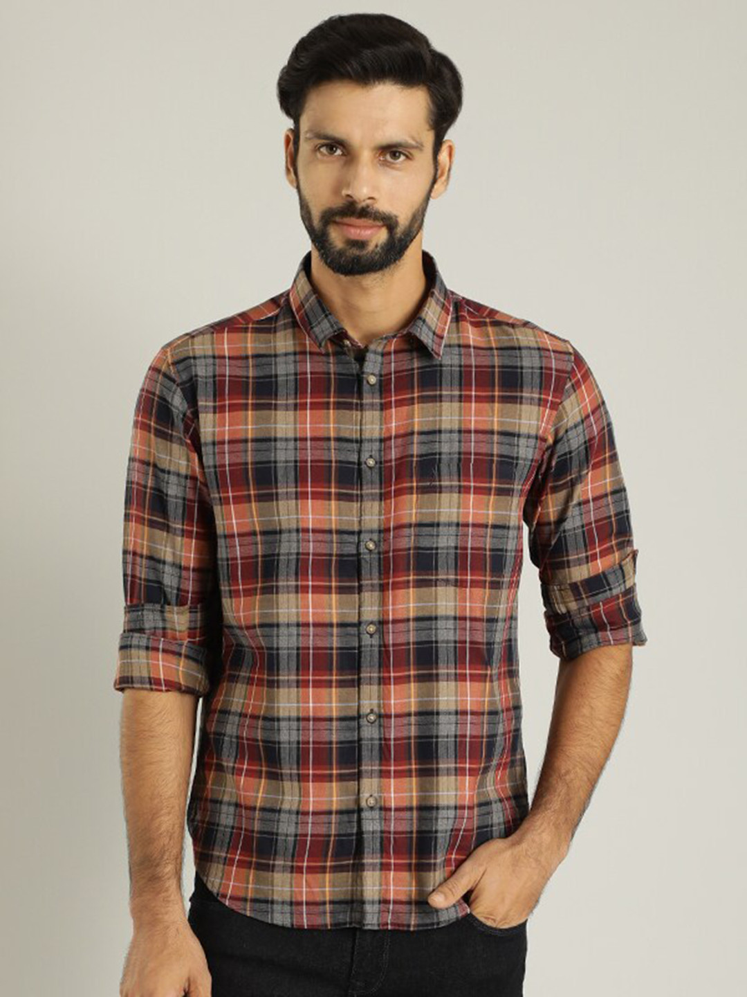 

Indian Terrain Classic Slim Fit Tartan Checks Spread Collar Pure Cotton Casual Shirt, Burgundy