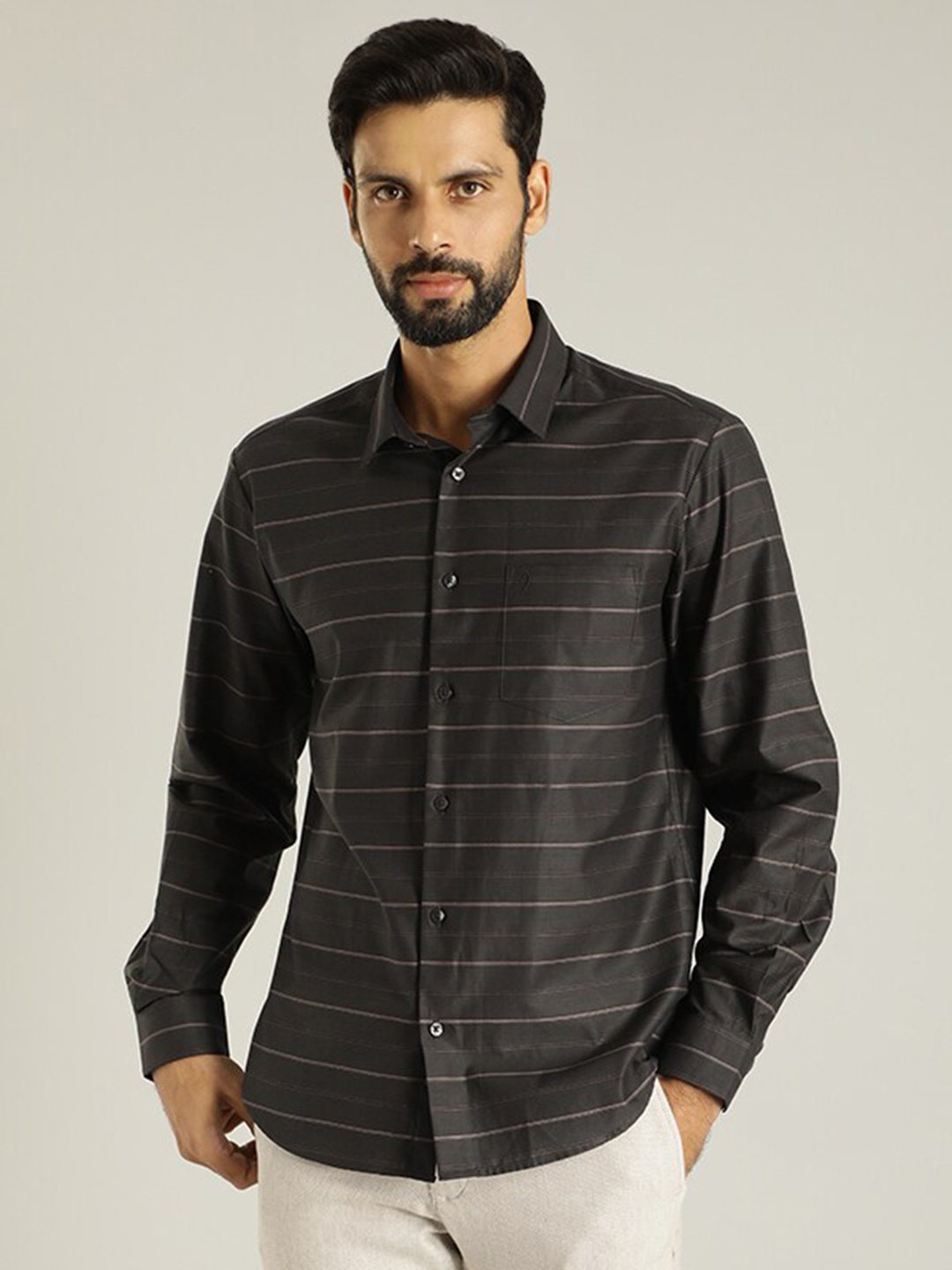 

Indian Terrain Horizontal Stripes Spread Collar Opaque Pure Cotton Casual Shirt, Black