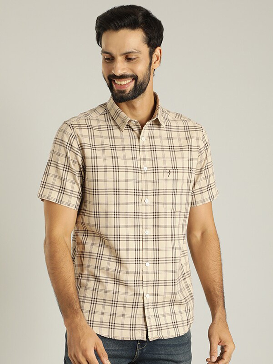 

Indian Terrain Tartan Checks Opaque Checked Pure Cotton Casual Shirt, Beige