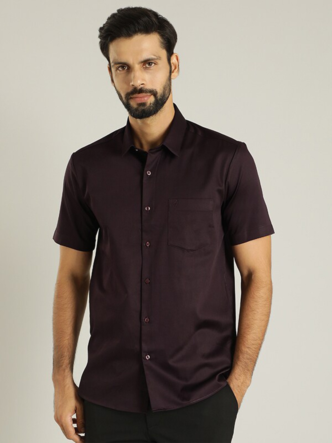 

Indian Terrain Classic Spread Collar Slim Fit Opaque Casual Cotton Shirt, Coffee brown