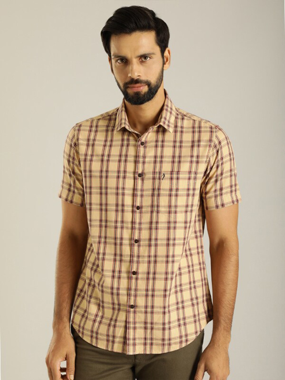 

Indian Terrain Classic Spread Collar Tartan Checks Slim Fit Opaque Casual Cotton Shirt, Brown