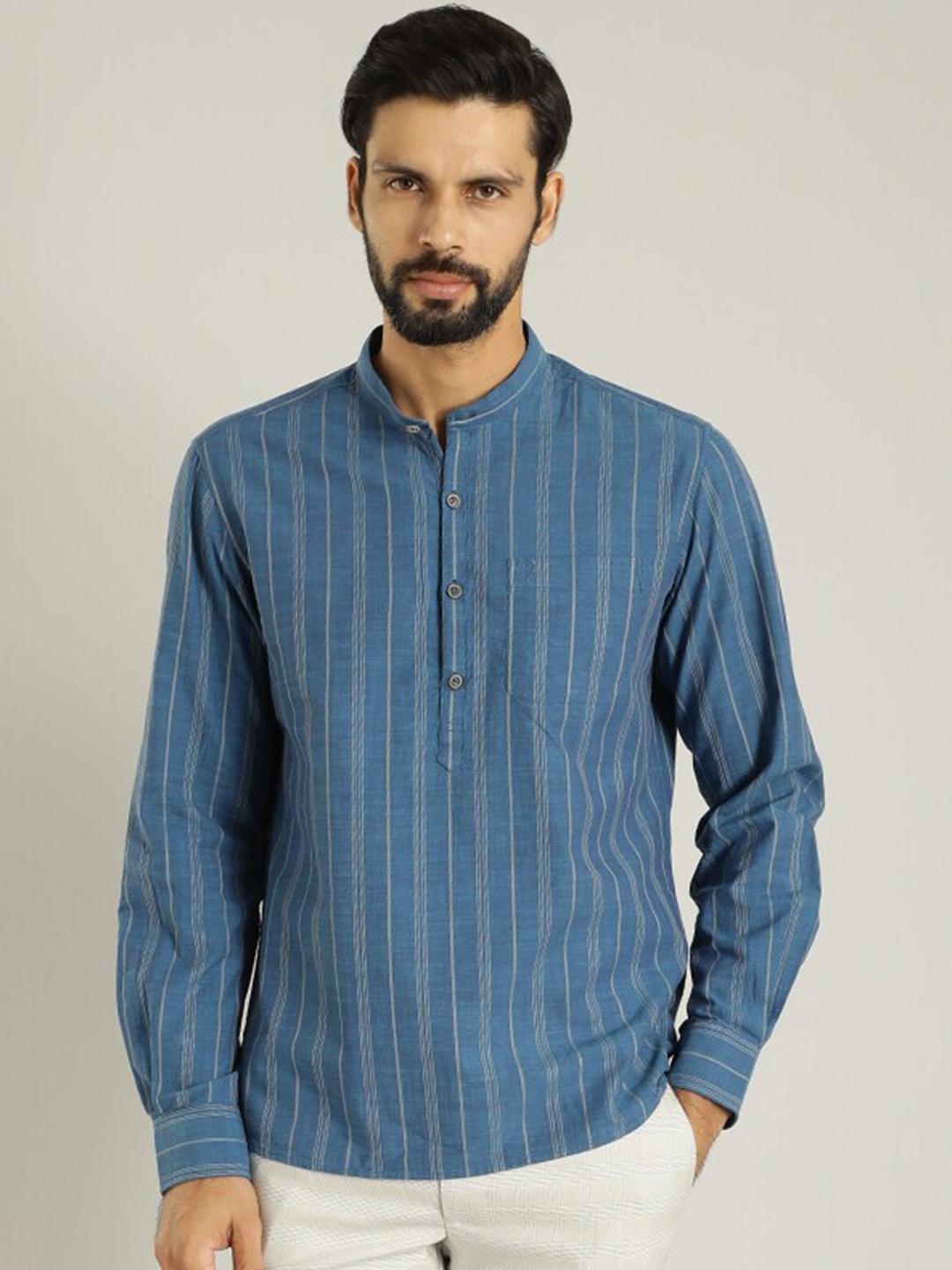 

Indian Terrain Band Collar Striped Woven Design Straight Cotton Kurta, Navy blue