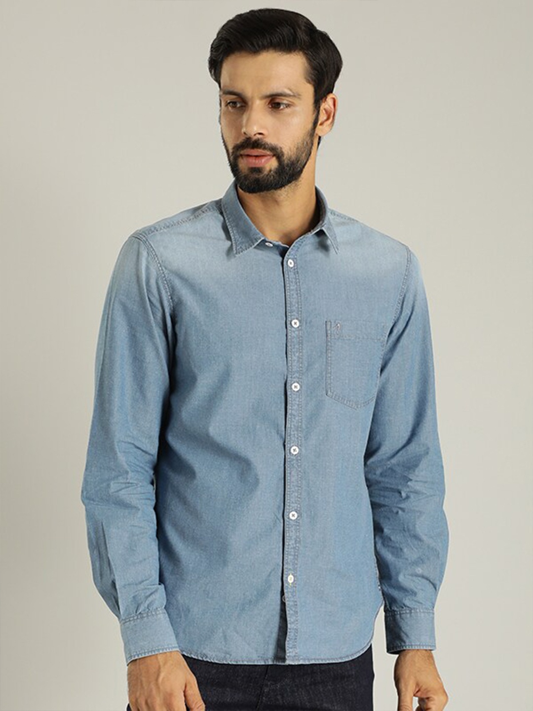 

Indian Terrain Classic Spread Collar Slim Fit Faded Opaque Faded Cotton Casual Shirt, Blue