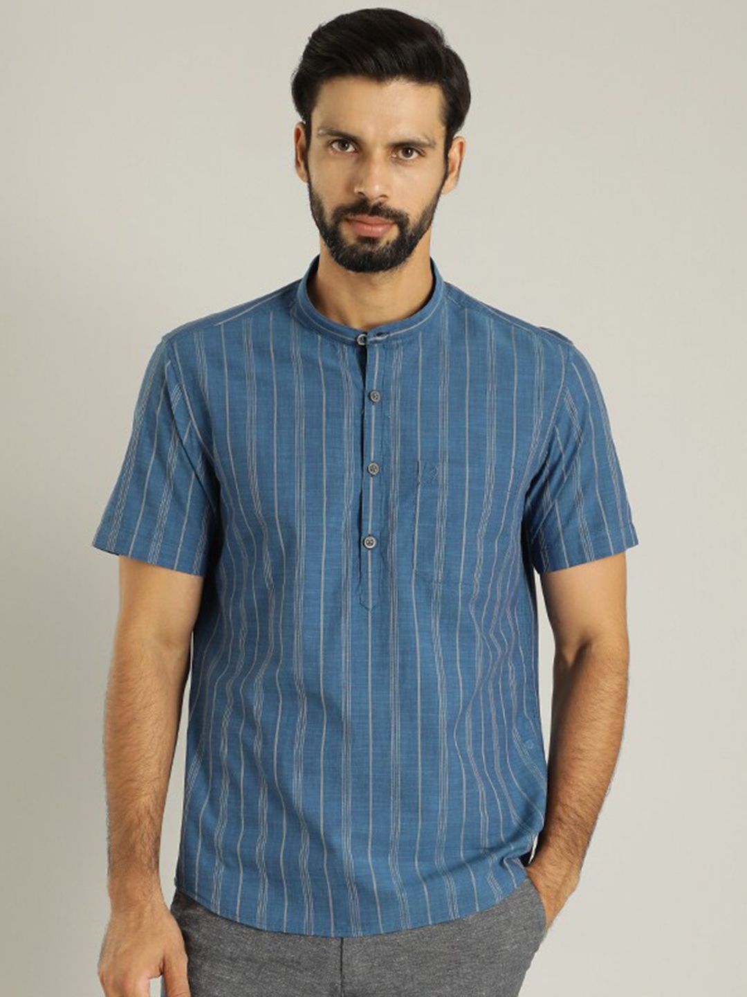 

Indian Terrain Band Collar Striped Woven Design Straight Cotton Kurta, Navy blue