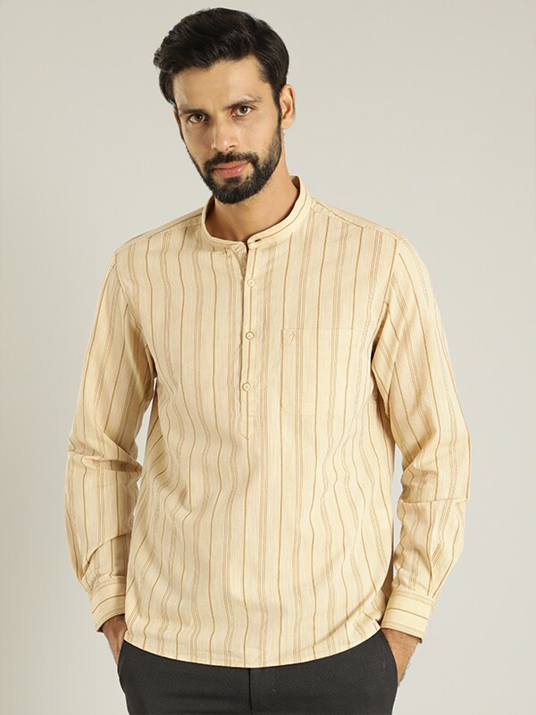 

Indian Terrain Band Collar Striped Woven Design Cotton Kurta, Cream