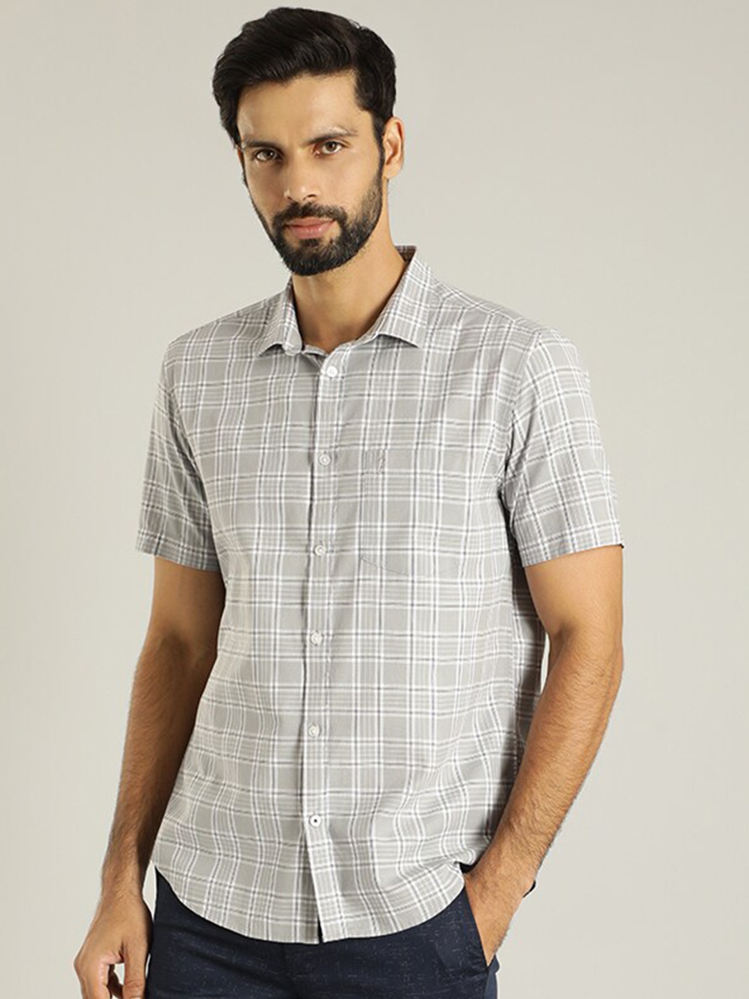 

Indian Terrain Classic Spread Collar Tartan Checked Slim Fit Opaque Casual Cotton Shirt, Grey