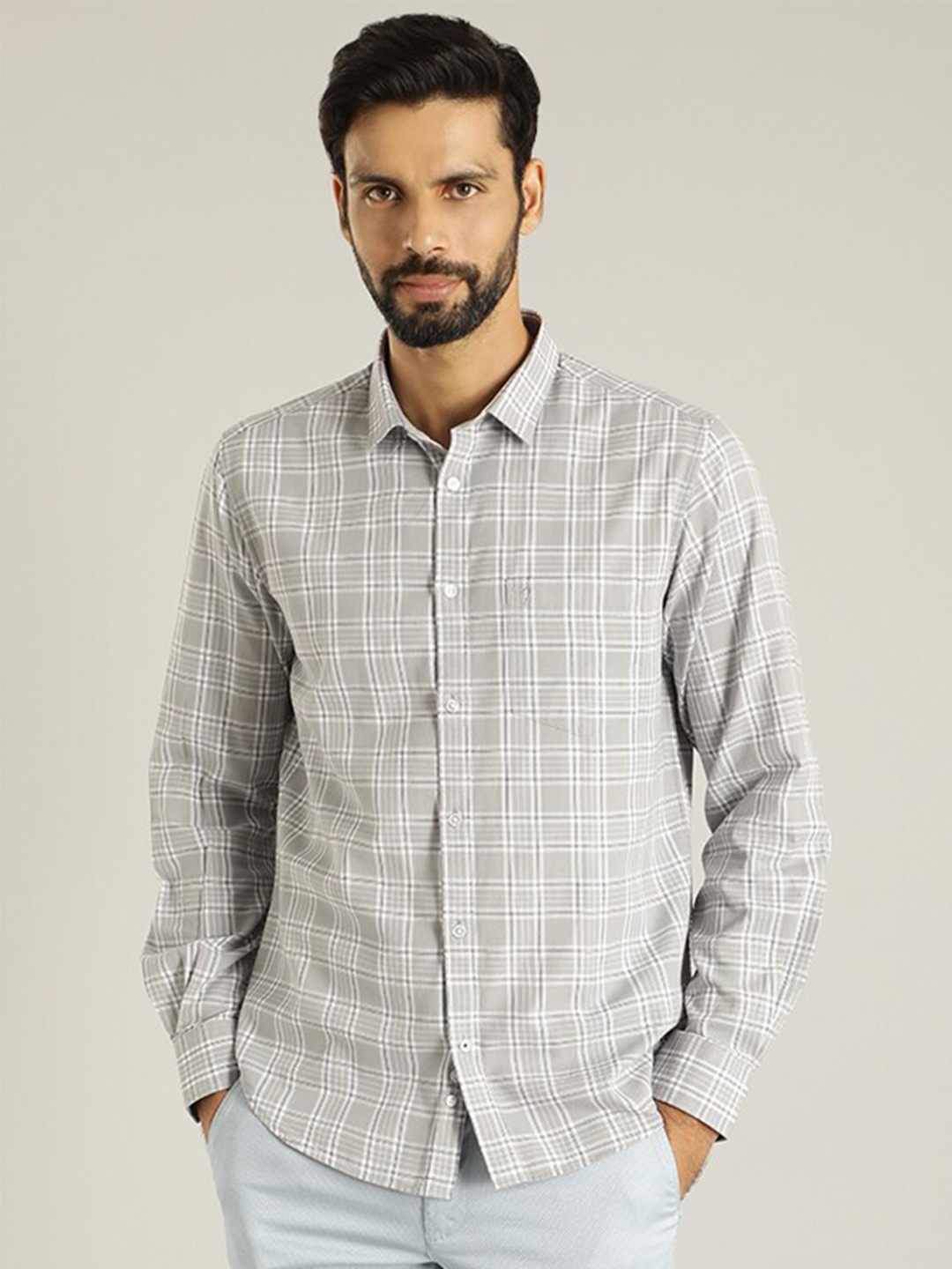 

Indian Terrain Classic Spread Collar Tartan Checked Slim Fit Opaque Casual Cotton Shirt, Grey