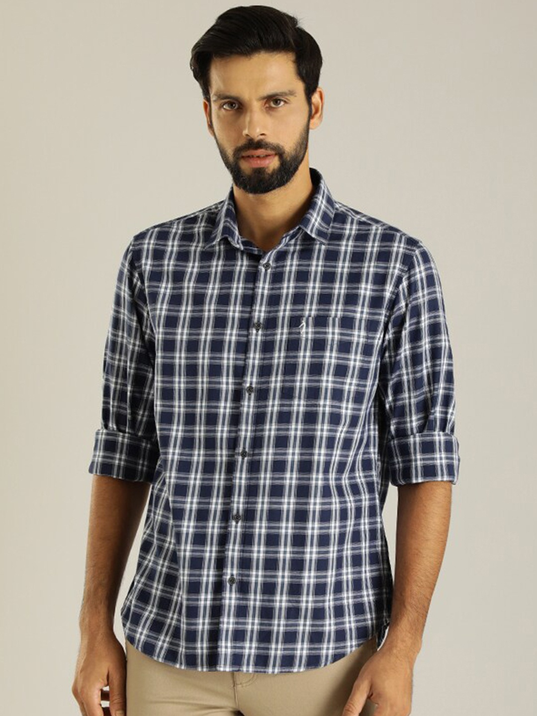 

Indian Terrain Classic Spread Collar Tartan Checked Slim Fit Opaque Casual Cotton Shirt, Blue