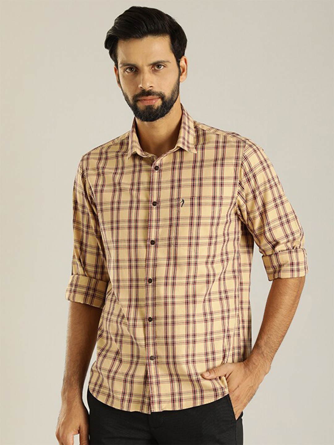 

Indian Terrain Classic Slim Fit Tartan Checked Pure Cotton Casual Shirt, Brown