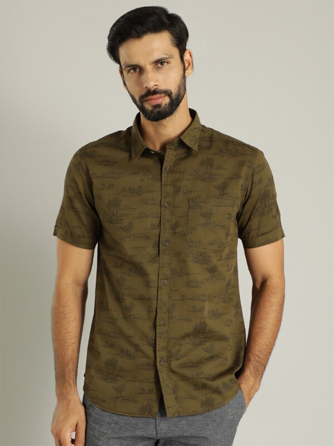 

Indian Terrain Classic Slim Fit Graphic Printed Spread Collar Cotton Casual Shirt, Olive