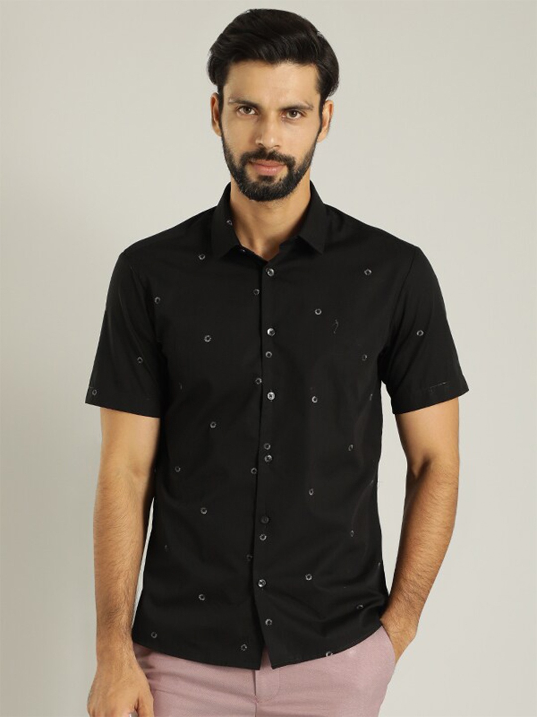 

Indian Terrain Classic Spread Collar Geometric Embroidered Slim Fit Cotton Casual Shirt, Black