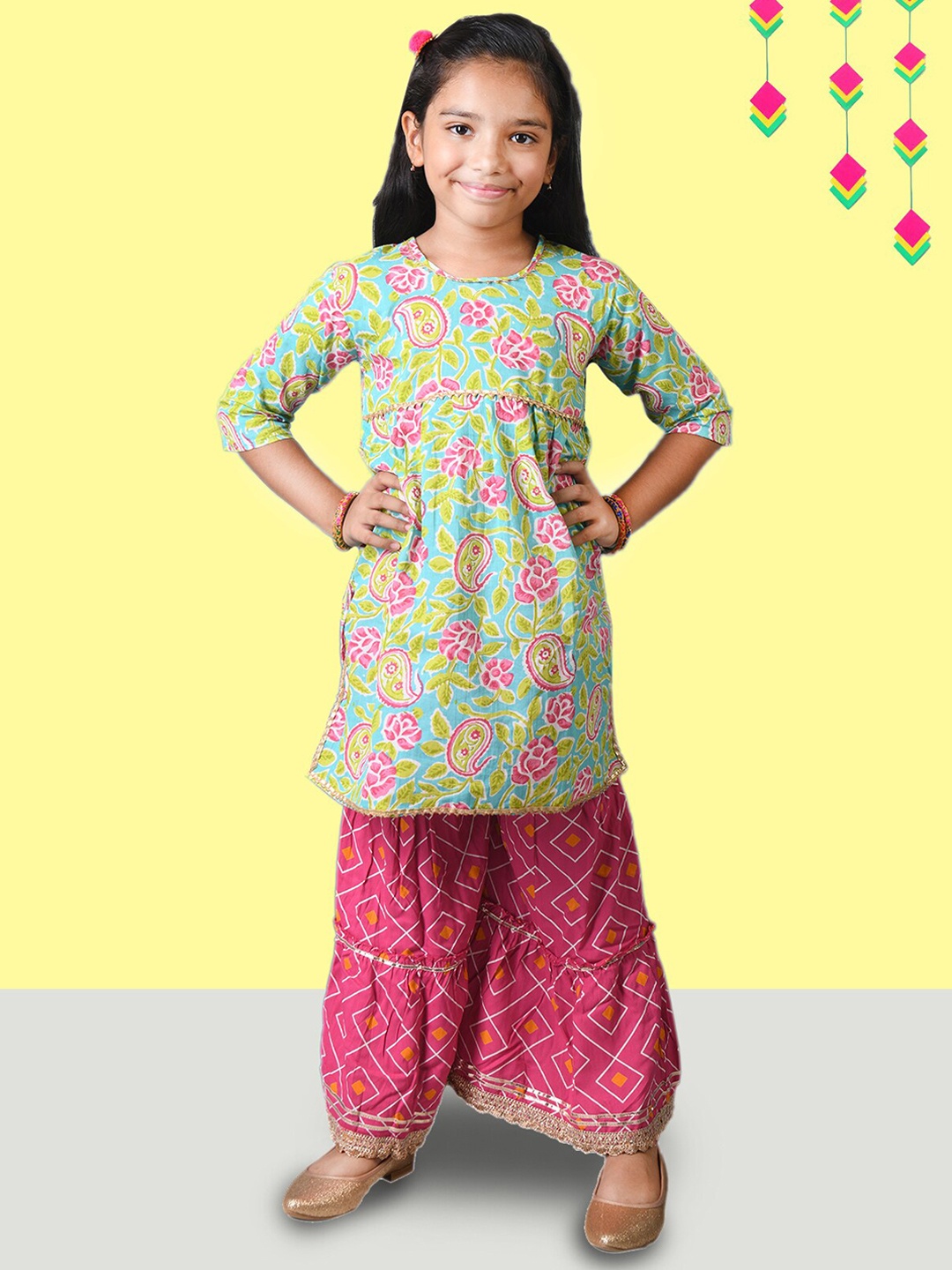 

Kids On Board Girls Paisley Printed Empire Gotta Patti Pure Cotton A-Line Kurta & Sharara, Green