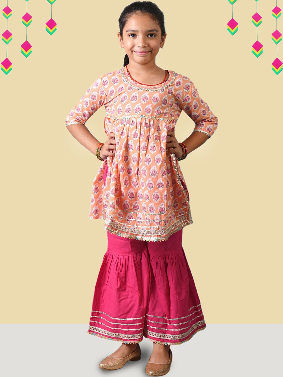 

Kids On Board Girls Floral Printed Empire Gotta Patti Pure Cotton Kurta With Sharara, Peach