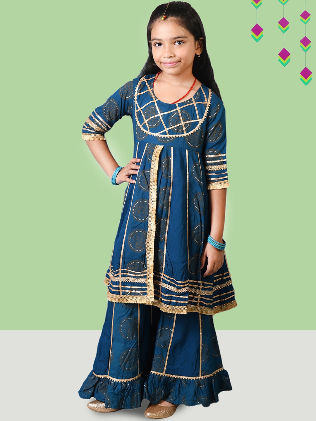 

Kids On Board Girls Ethnic Motifs Printed Gotta Patti Pure Cotton Kurta With Sharara, Navy blue