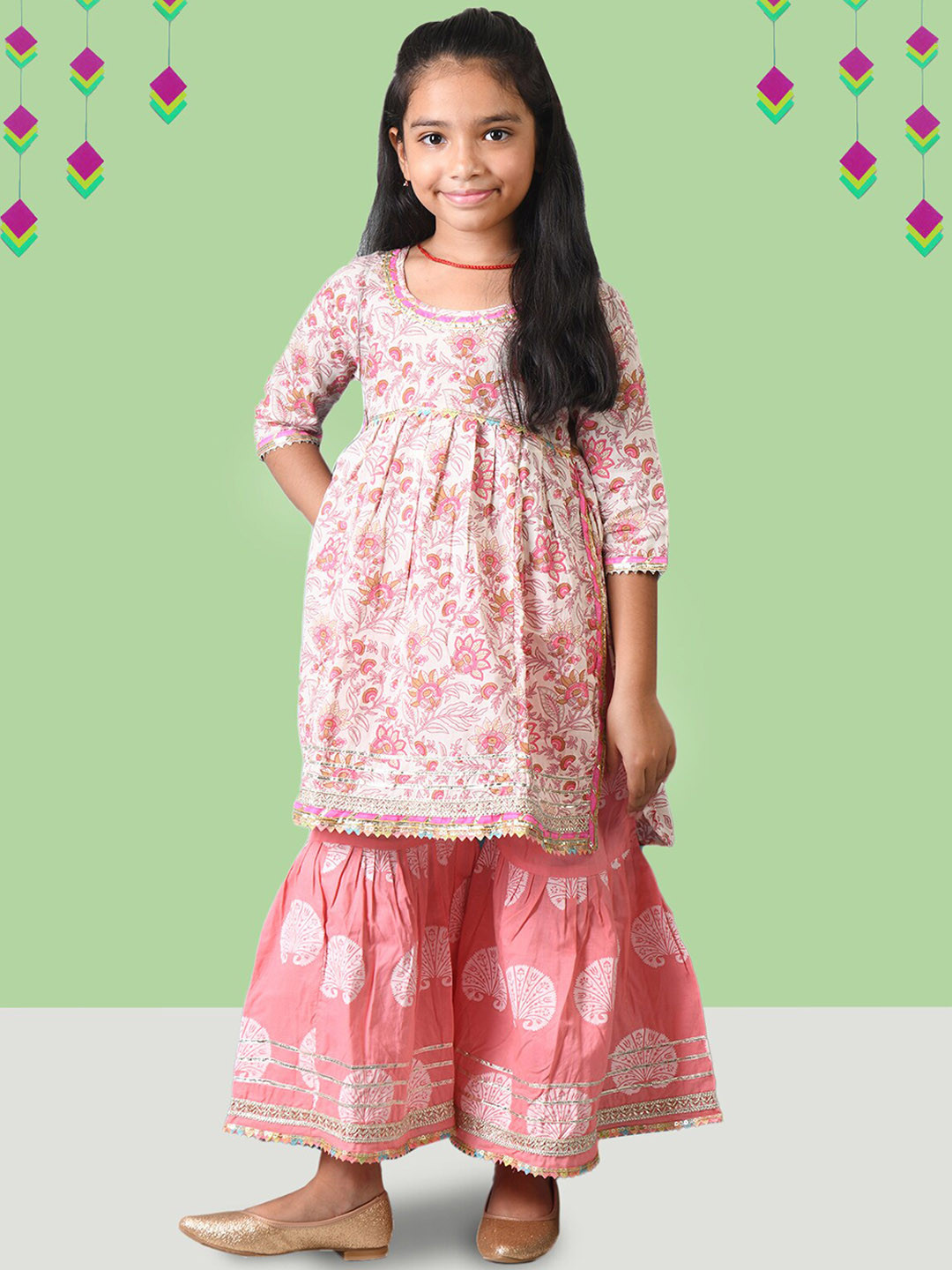 

Kids On Board Girls Floral Printed Regular Gotta Patti Pure Cotton Kurta with Sharara, Pink