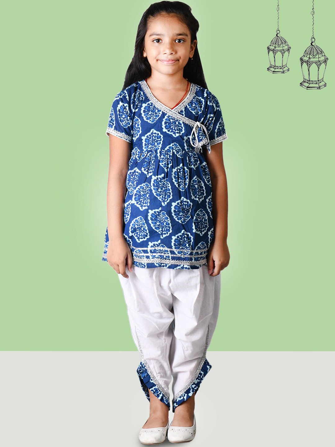 

Kids On Board Girls Ethnic Motifs Printed Pure Cotton A-Line Kurta with Dhoti Pants, Blue