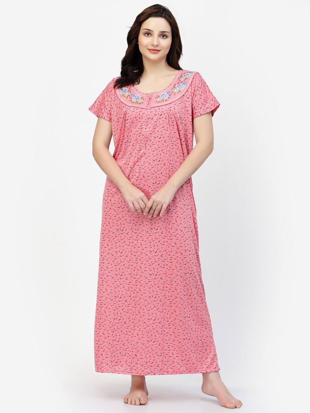 

NIGHT KEYS Ethnic Motifs Printed Satin Maxi Nightdress, Pink