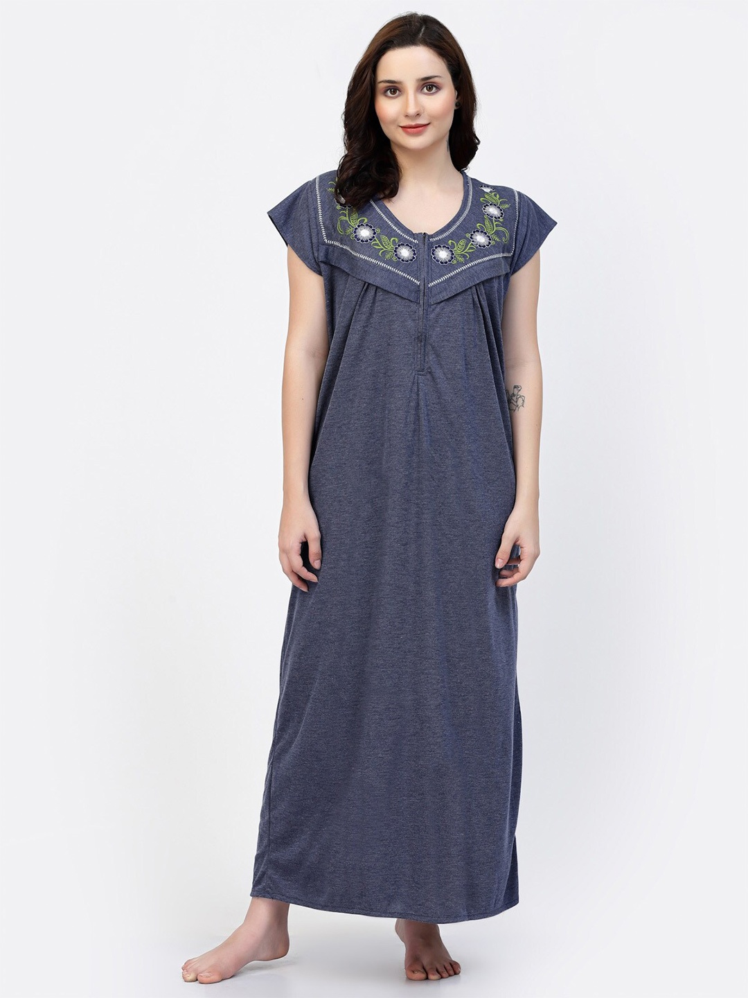 

NIGHT KEYS Floral Embroidered Maxi Satin Nightdress, Grey