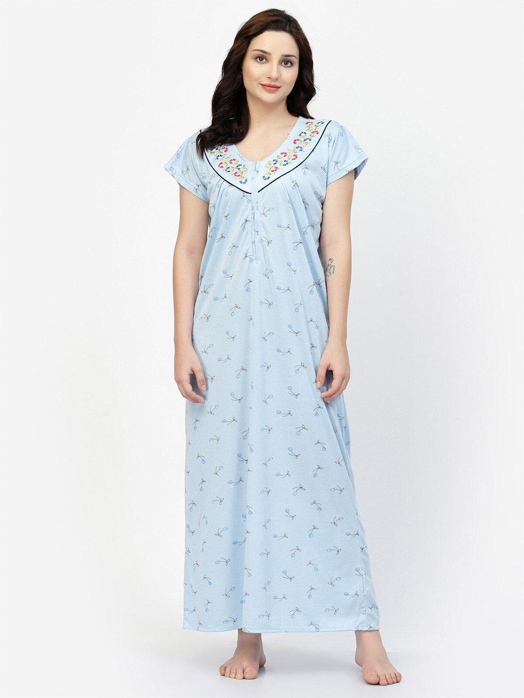 

NIGHT KEYS Floral Printed Maxi Satin Nightdress, Blue