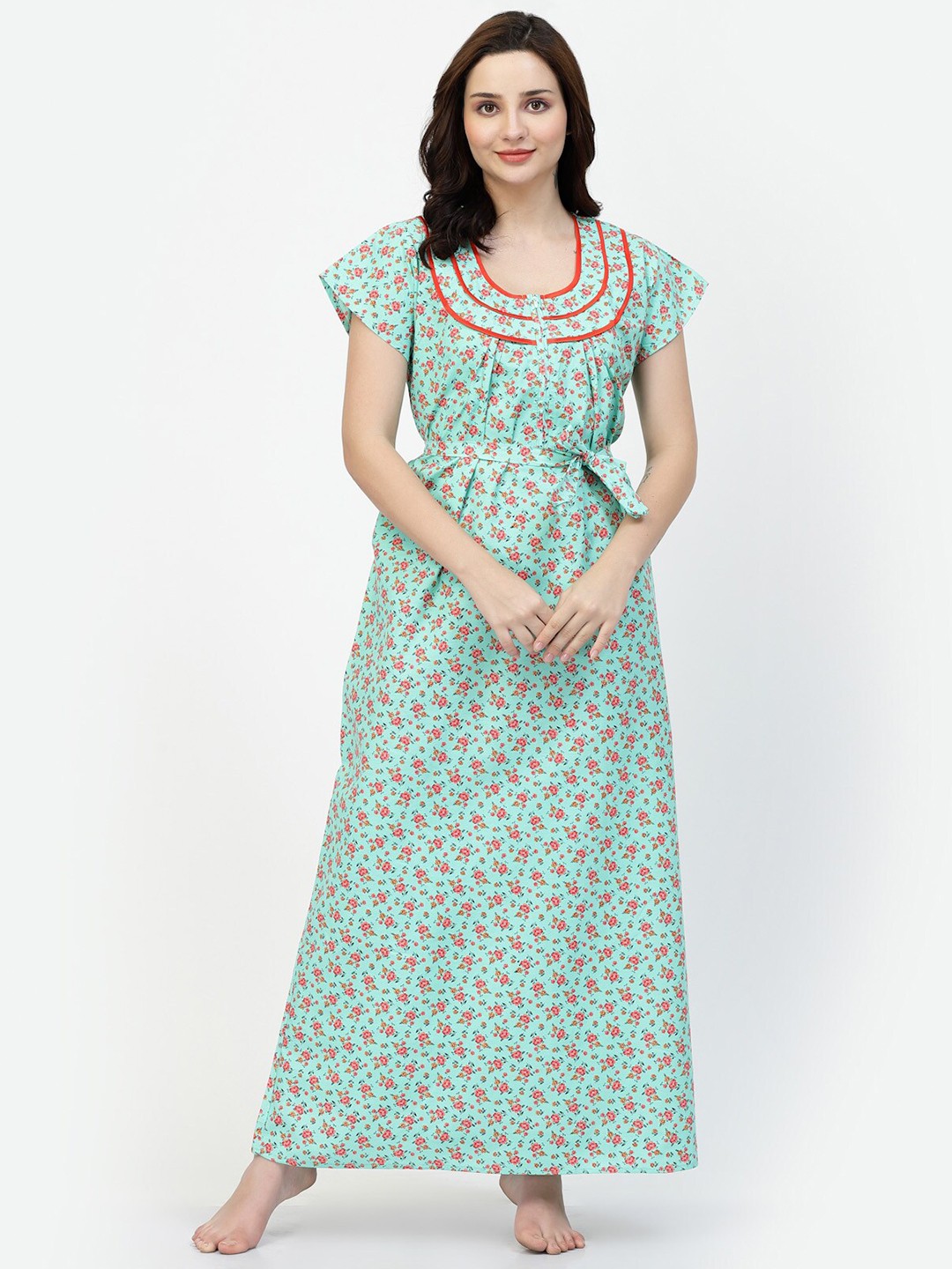 

NIGHT KEYS Floral Printed Satin Maxi Nightdress, Green
