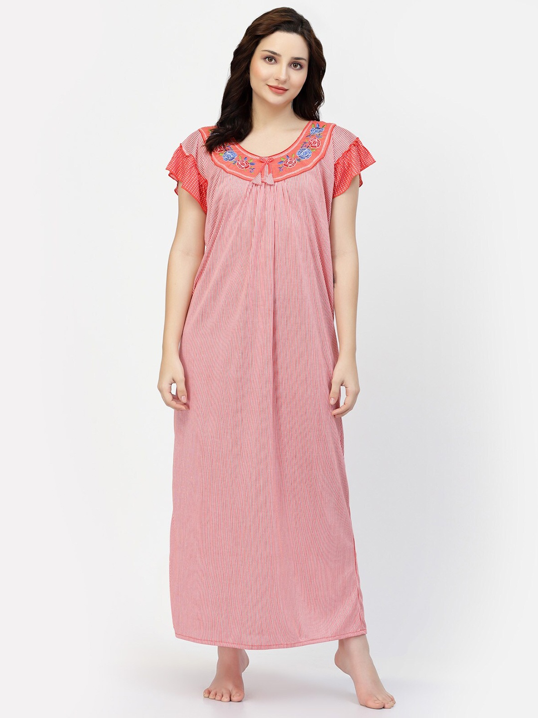 

NIGHT KEYS Striped Maxi Satin Nightdress, Red