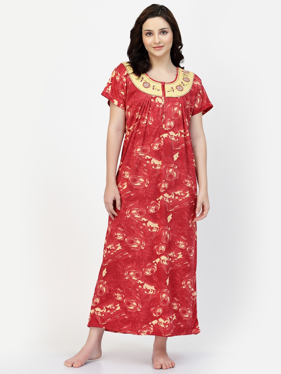 

NIGHT KEYS Floral Printed Satin Maxi Nightdress, Red