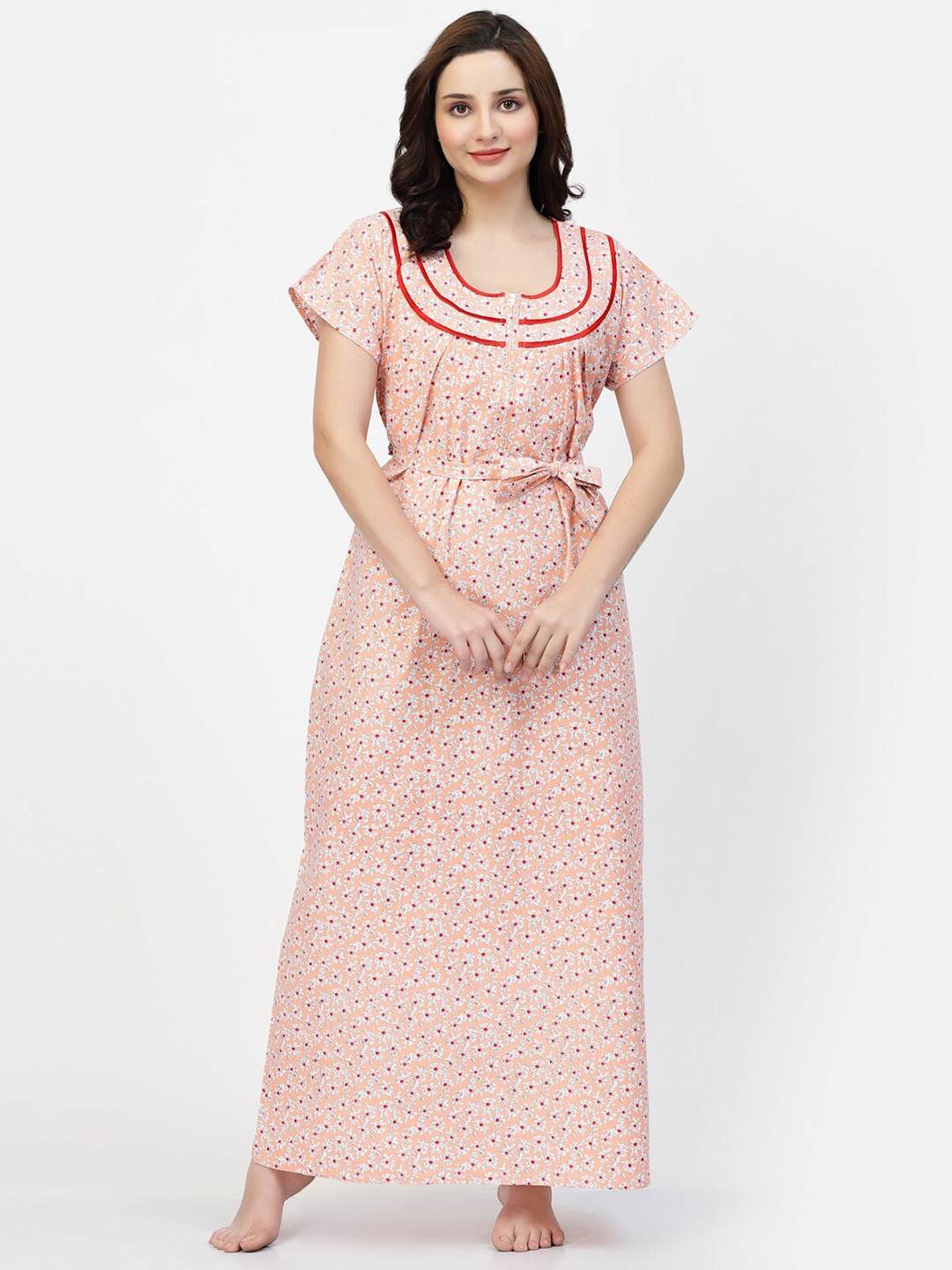 

NIGHT KEYS Floral Printed Satin Maxi Nightdress, Peach