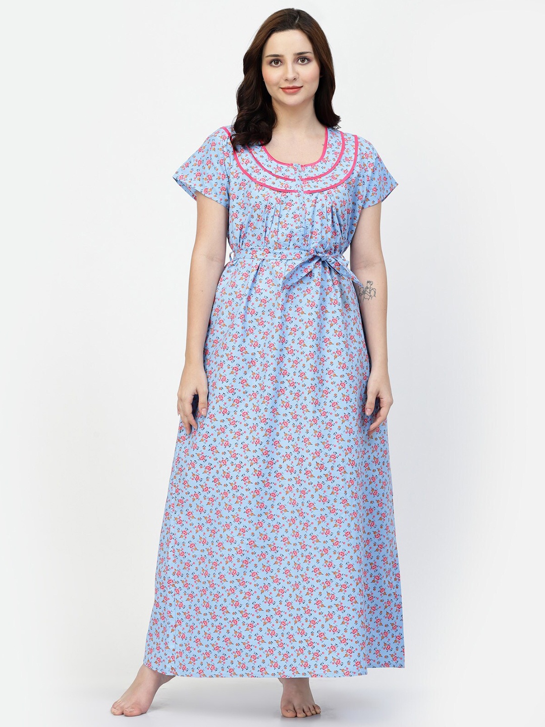 

NIGHT KEYS Floral Printed Satin Maxi Nightdress, Blue