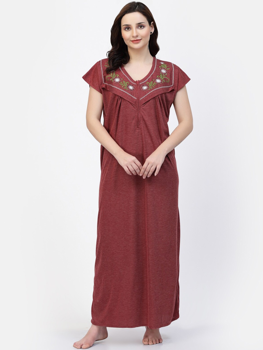 

NIGHT KEYS Floral Embroidered Satin Maxi Maternity Nightdress, Maroon