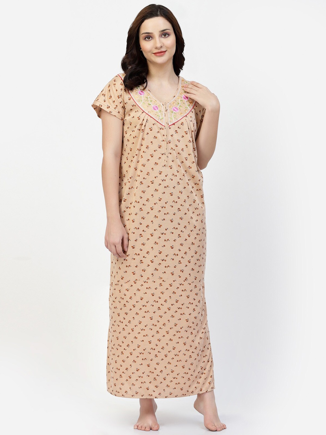 

NIGHT KEYS Floral Printed Satin Maxi Nightdress, Beige