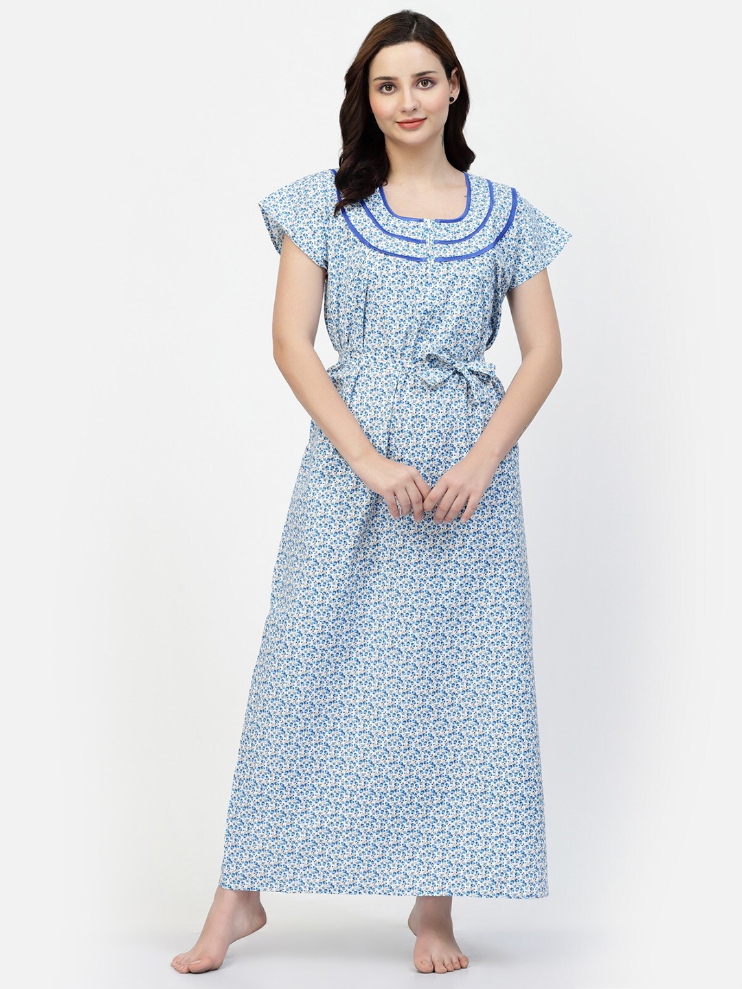 

NIGHT KEYS Floral Printed Satin Maxi Nightdress, Blue