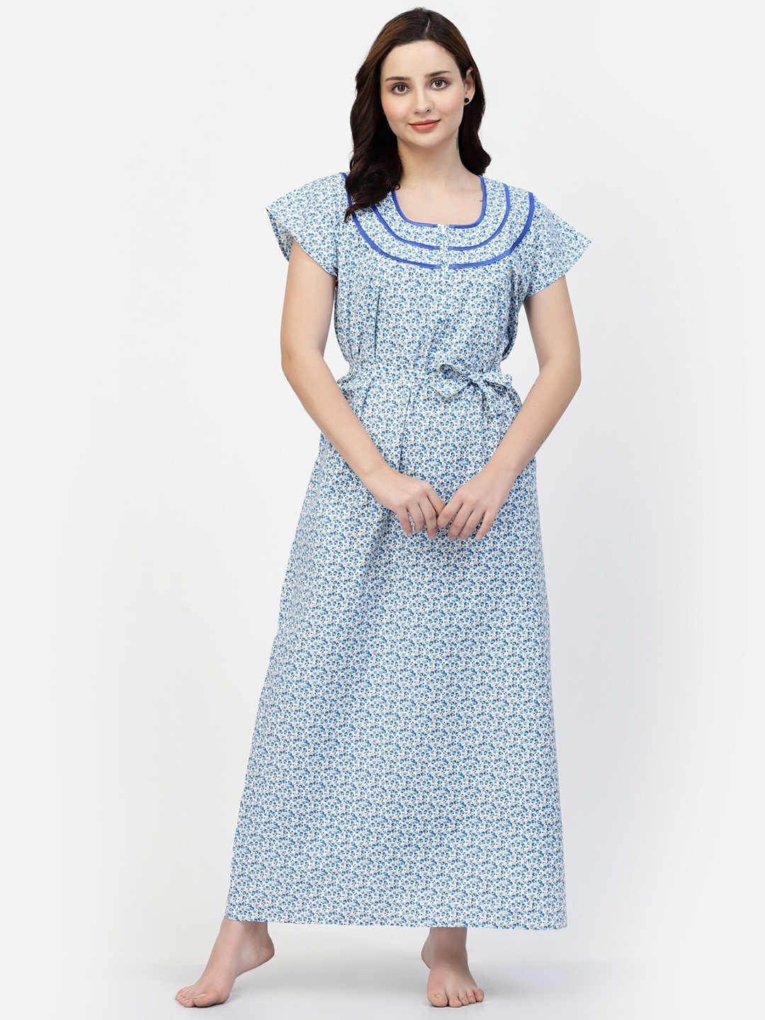 

NIGHT KEYS Floral Printed Cotton Maxi Nightdress, Blue