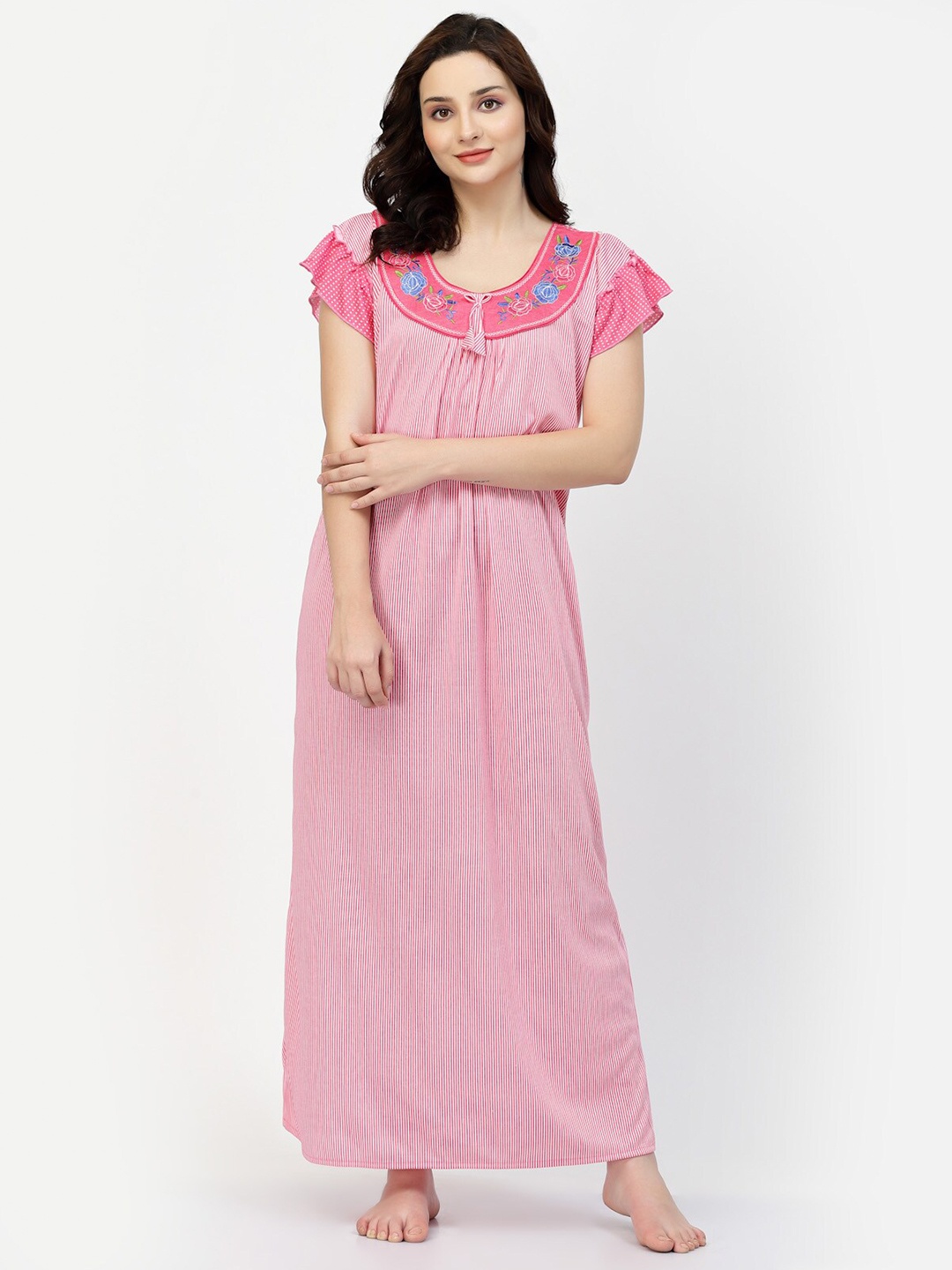 

NIGHT KEYS Striped Satin Maxi Nightdress, Pink