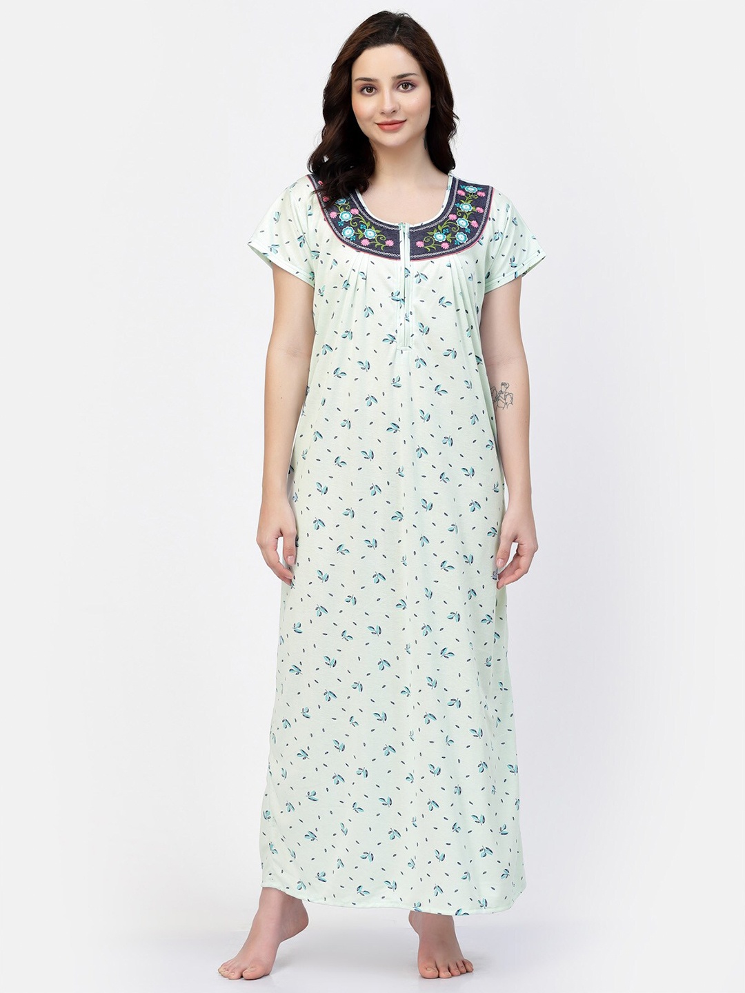 

NIGHT KEYS Floral Printed Satin Maxi Nightdress, Green