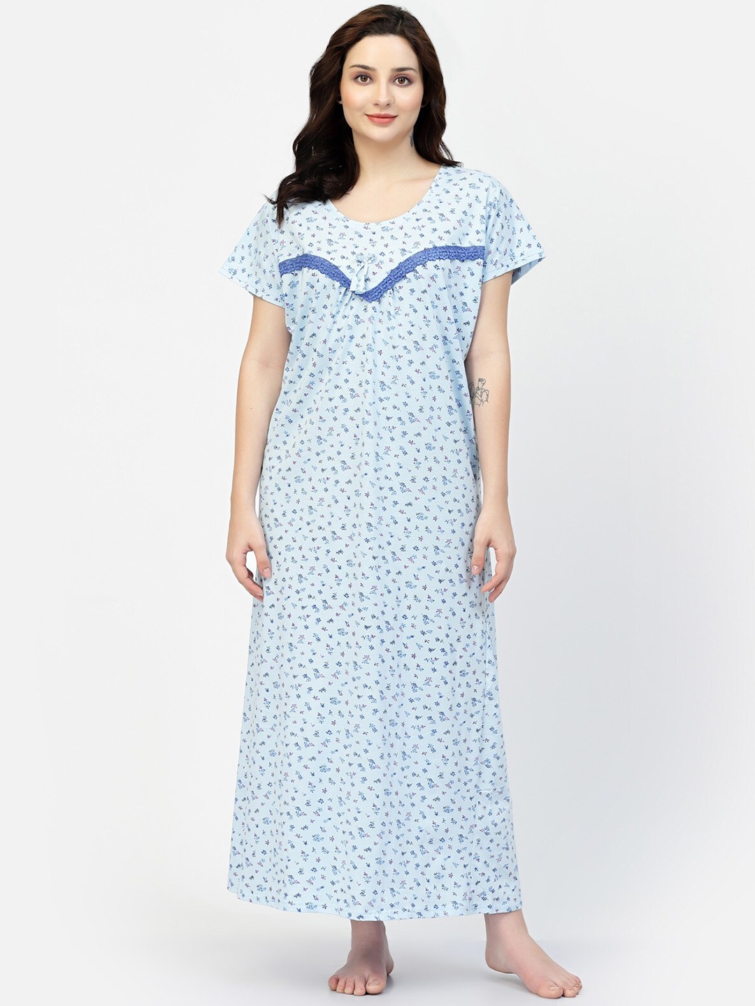 

NIGHT KEYS Floral Printed Satin Maxi Nightdress, Blue