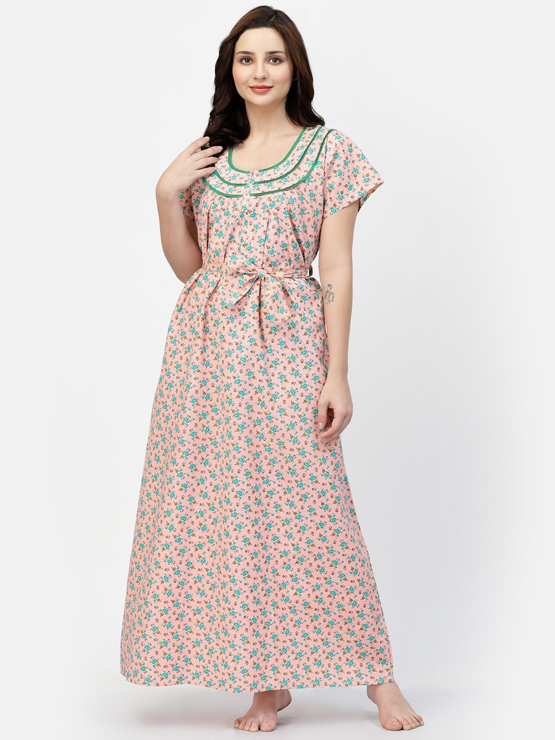 

NIGHT KEYS Floral Printed Satin Maxi Nightdress, Peach