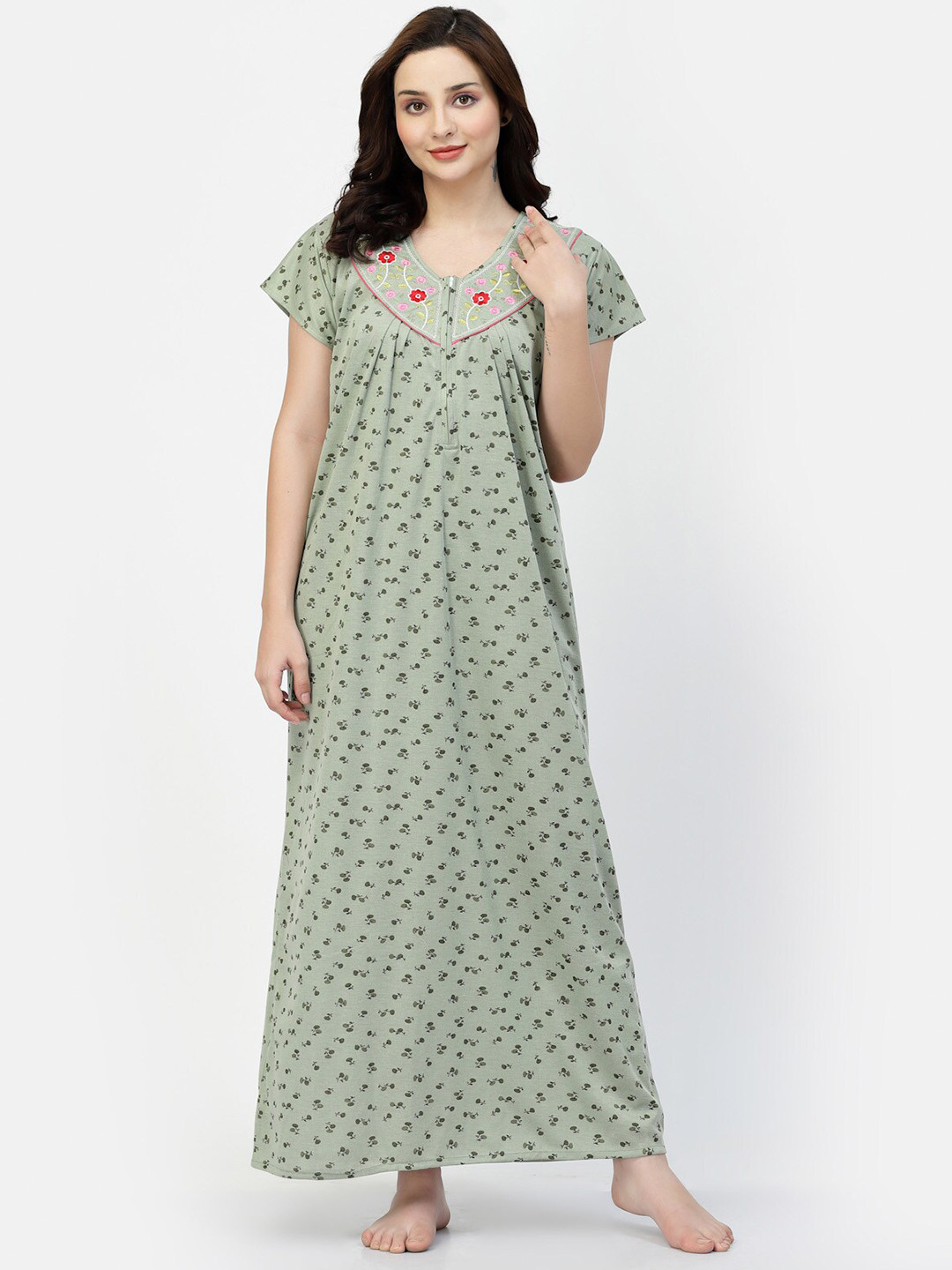 

NIGHT KEYS Floral Printed Satin Maxi Nightdress, Green