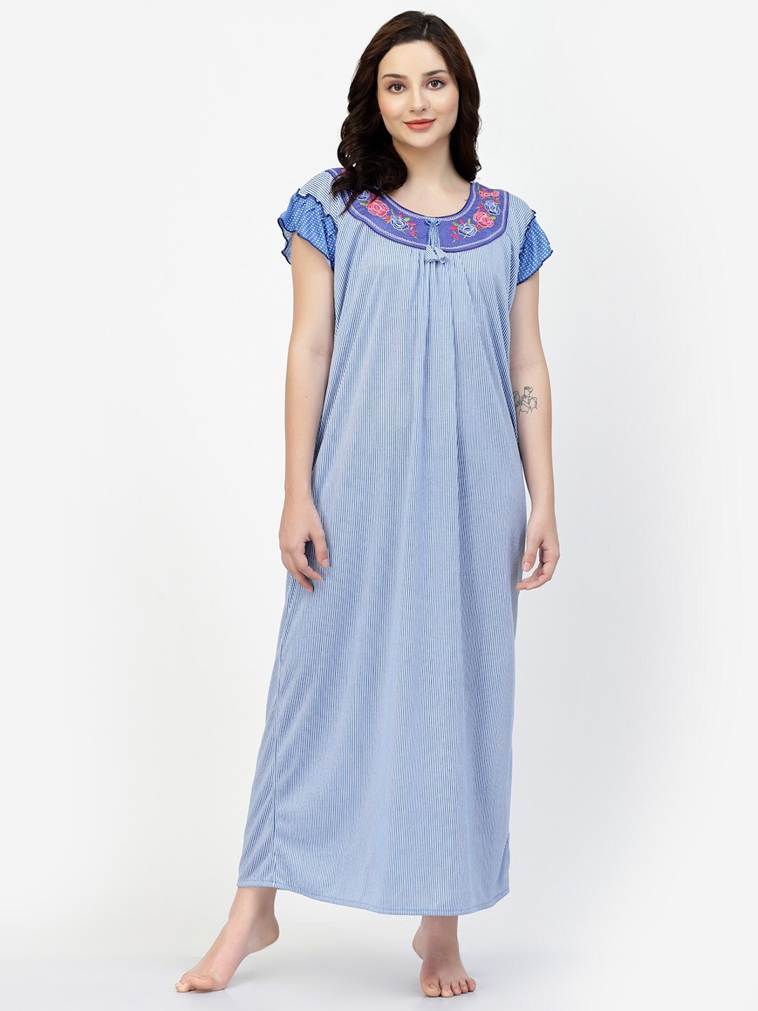 

NIGHT KEYS Striped Satin Maxi Nightdress, Blue