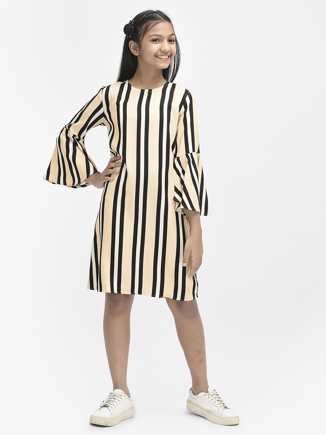 

Crimsoune Club Girls Striped Round Neck Bell Sleeve A-Line Dress, Beige