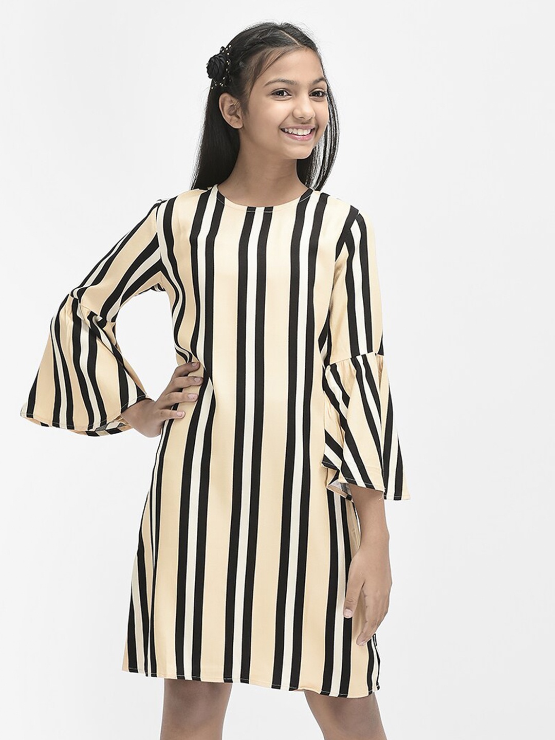 

Crimsoune Club Striped Flared Sleeves A-Line Dress, Beige