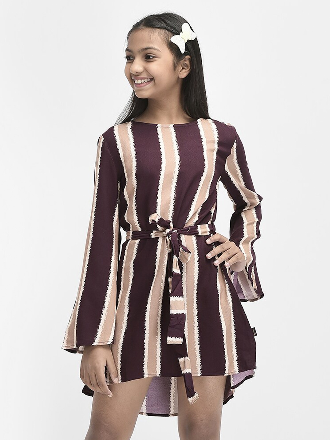 

Crimsoune Club Girls Round Neck Long Sleeve Tie-Ups Striped A-Line Dress, Brown