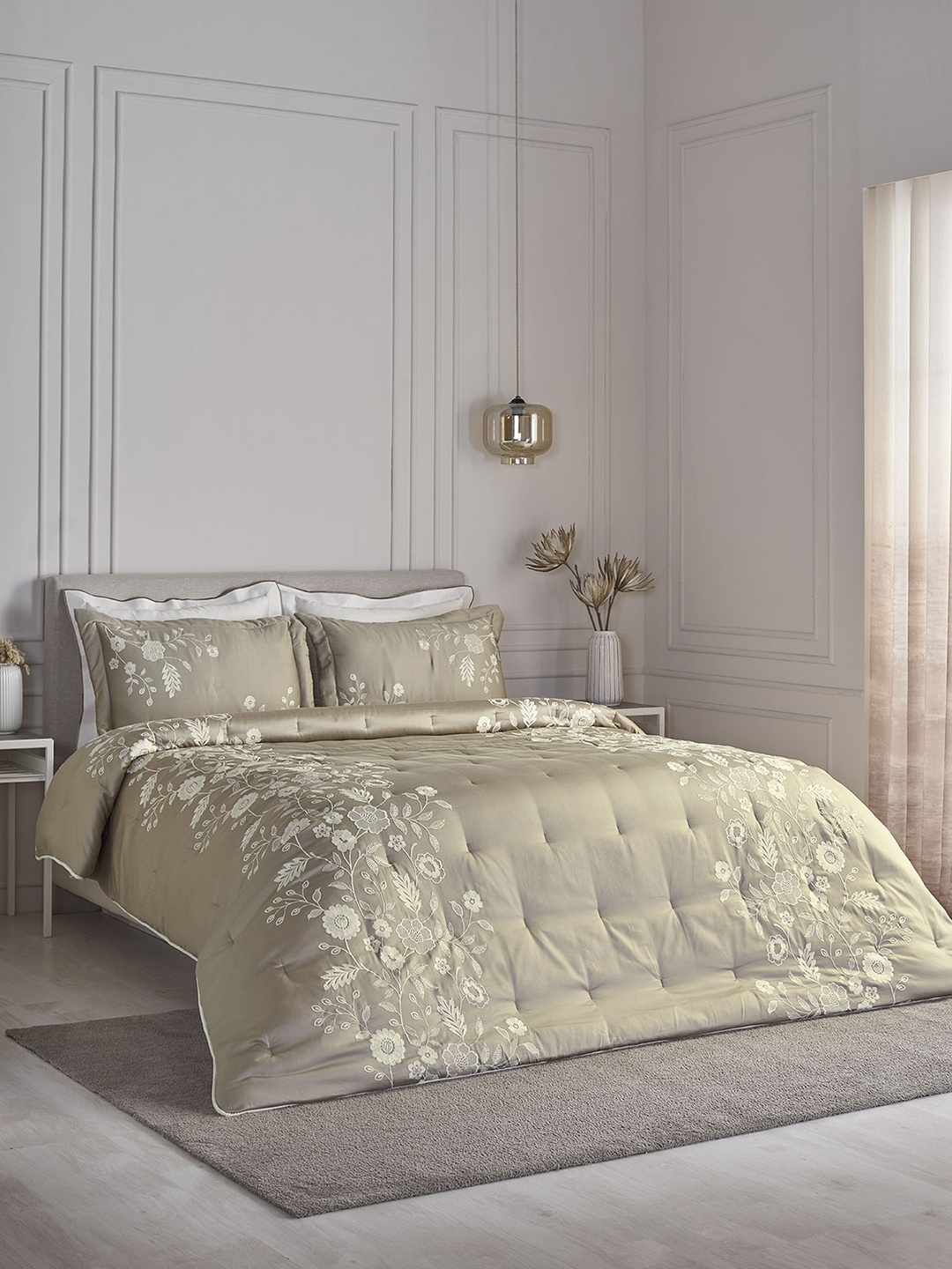 

DDecor Beige Embroidered Cotton 210 TC Comforter With 2 Pillow Covers