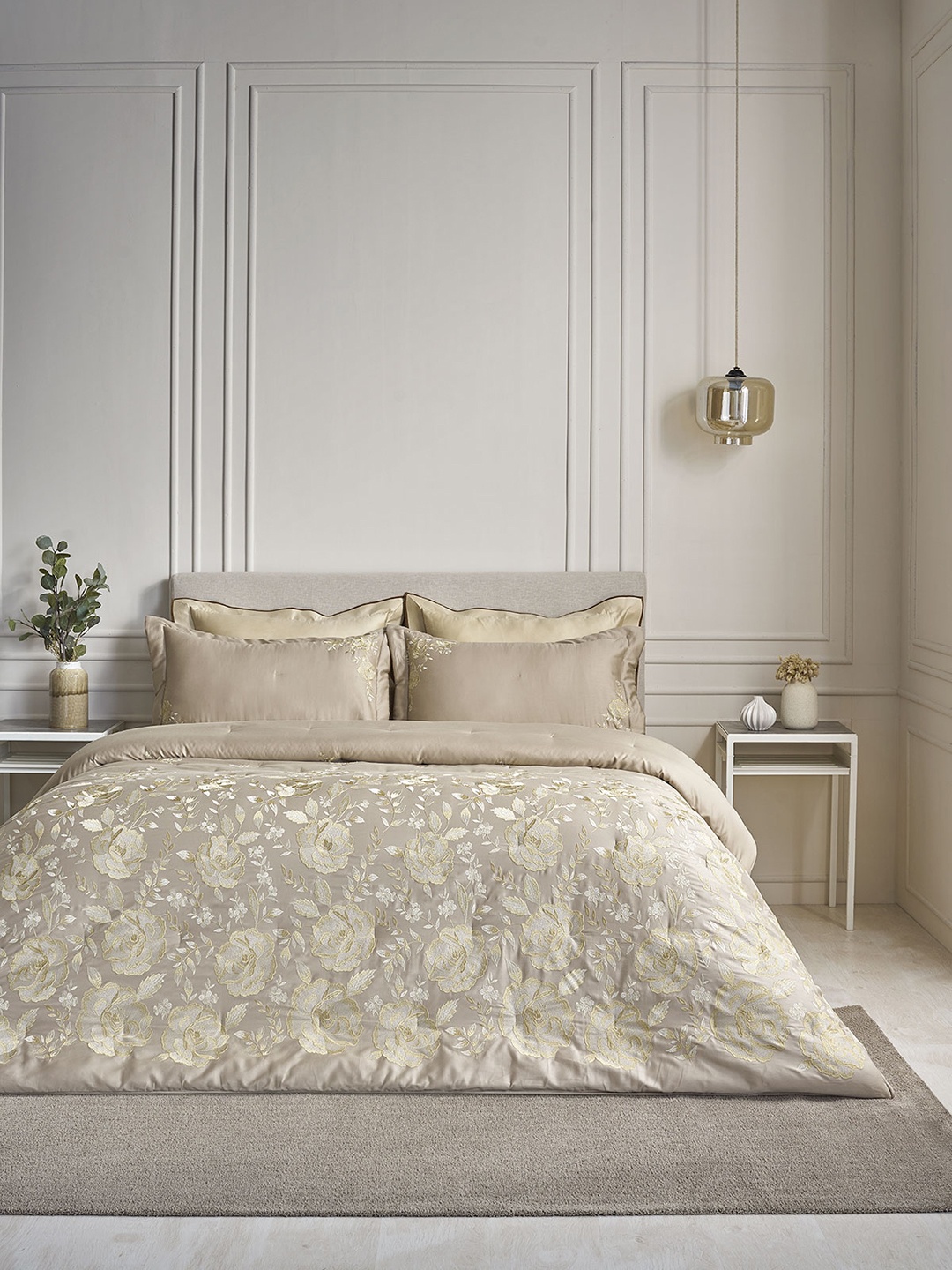 

DDecor Taupe Embroidered Cotton 210 TC Comforter With 2 Pillow Covers