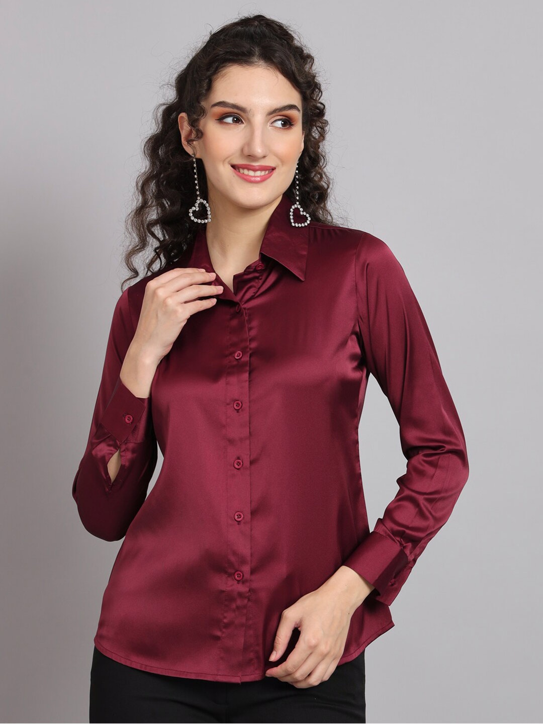 

PowerSutra Comfort Spread Collar Long Sleeves Satin Formal Shirt, Maroon