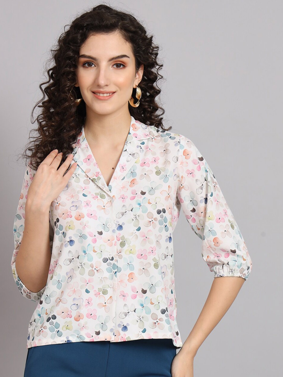 

PowerSutra Comfort Floral Printed Spread Collar Polyester Casual Shirt, White