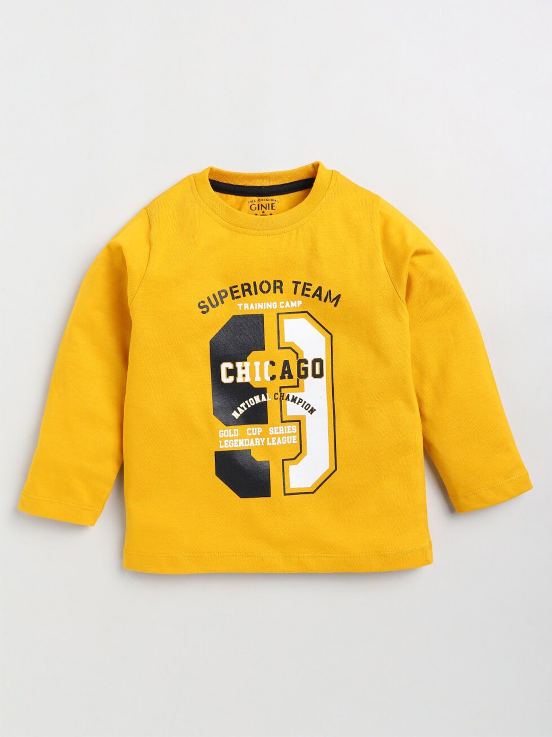 

Ginie Boys Typography Printed Cotton T-shirt, Mustard