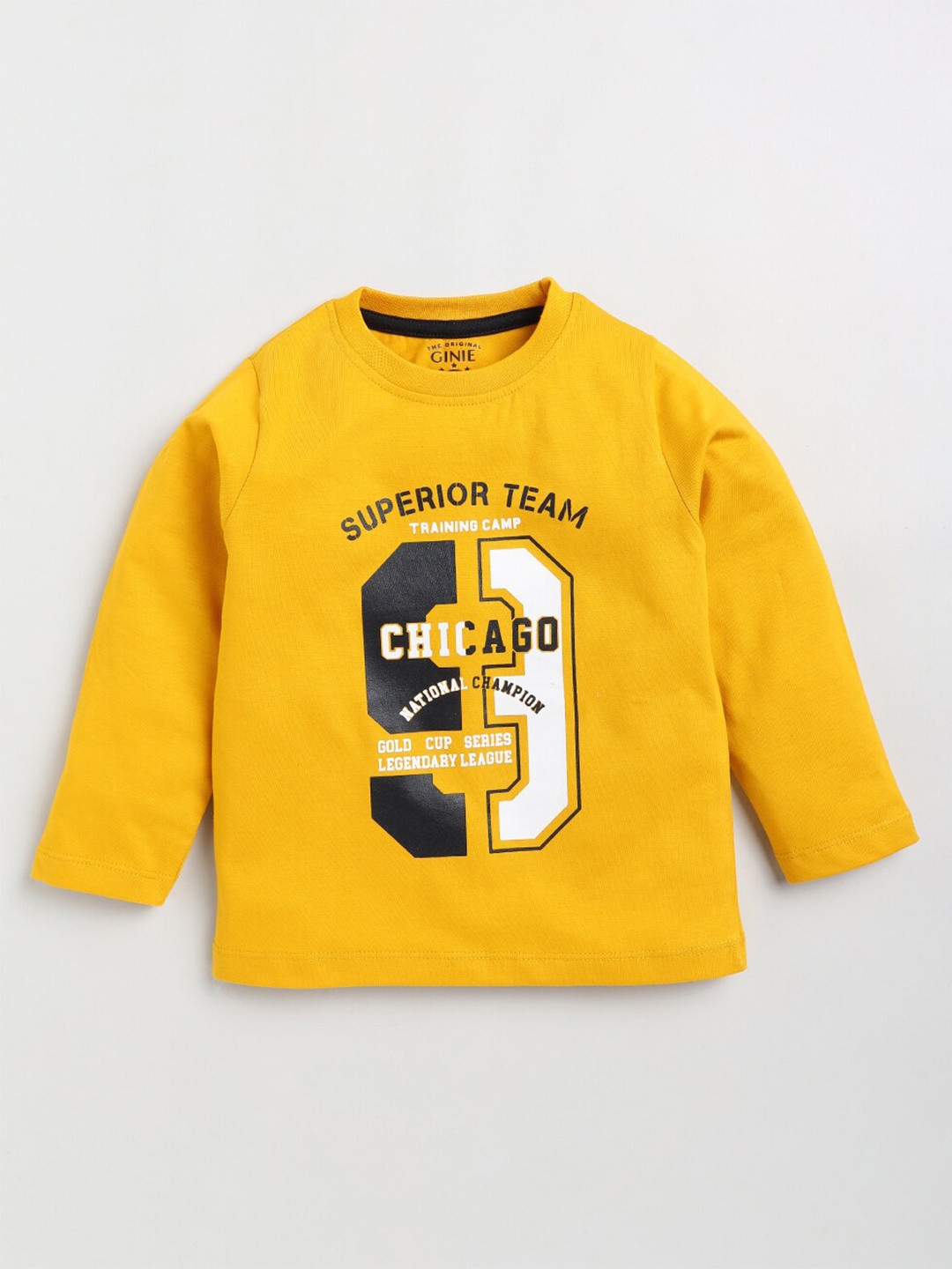 Ginie Boys Typography Printed Cotton T-shirt, Mustard