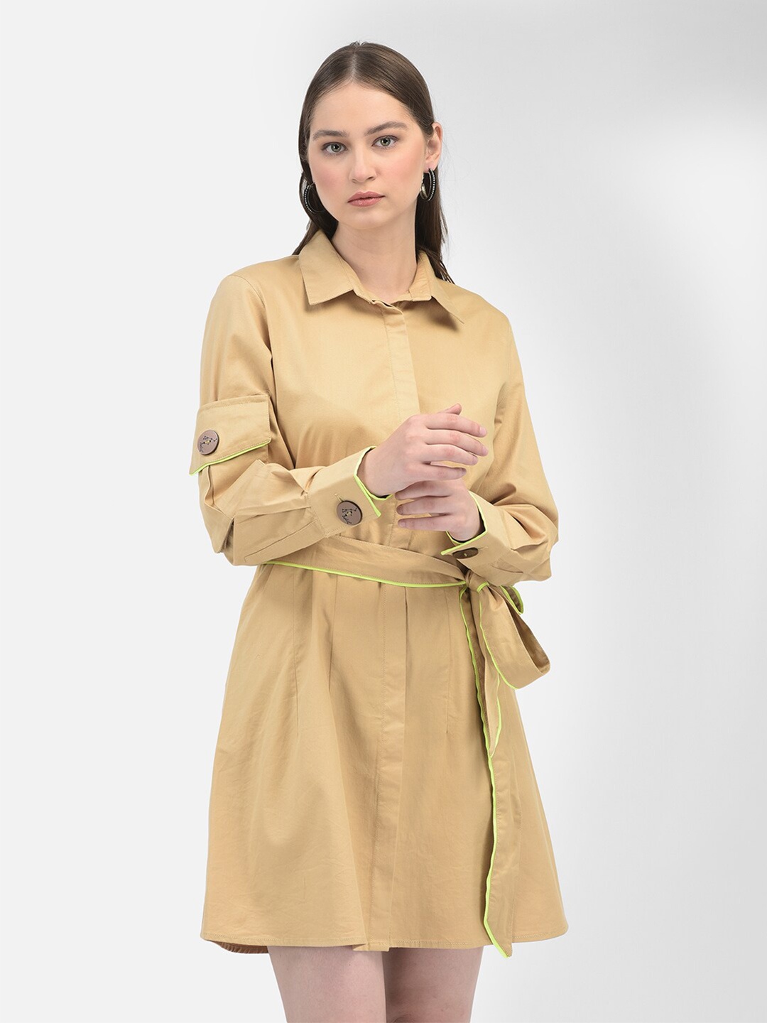 

Crimsoune Club Shirt Collar Cuffed Sleeves Cotton Shirt Dress, Khaki